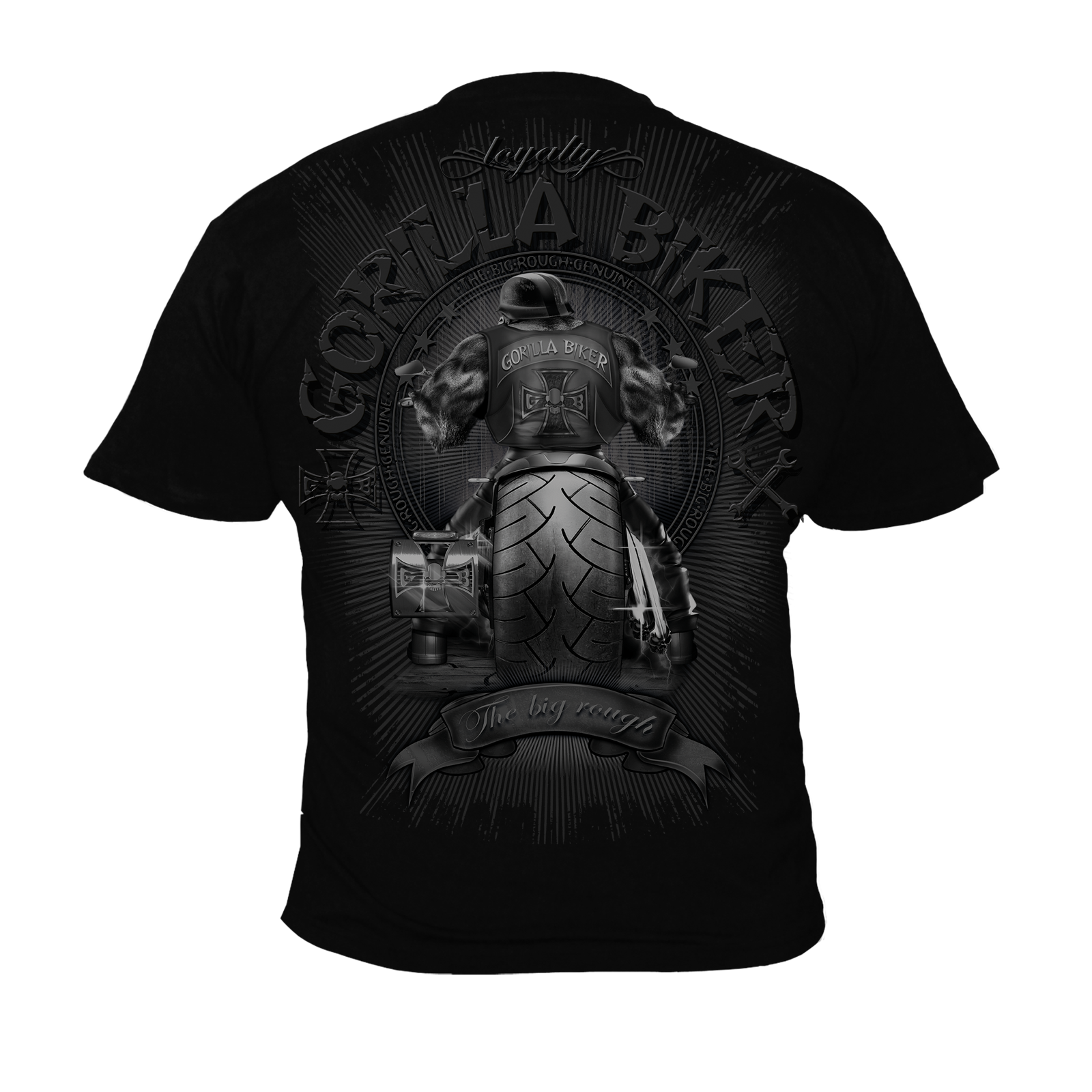 T-Shirt GB40 Gorilla Biker Big Wheel: Schwarzes T-Shirt mit dramatischem Motorrad-Reifen-Design und Gorilla Biker Logo in Grautönen. Kunstvoll gestalteter Digitaldruck mit strahlenförmigem Hintergrund und Banderolle zeigt imposante Rückansicht eines Motorradreifens.
